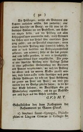 Schulbücher bey dem Kollegium der Reformirten zu Saros-Patak.