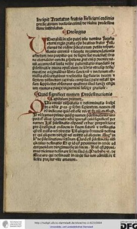 Incipit tractatus fratris Feliciani ordinis Predicatorum doctoris eximii de divina predestinatione intitulatus.