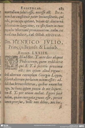 Dn. Henrico Iulio, Principi Brunsv. & Lunaeb. Epist. LXXIIX.