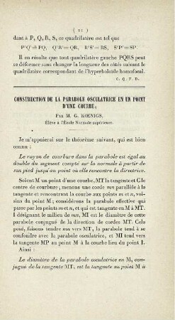 Construction de la parabole osculatrice en un point d'une courbe.