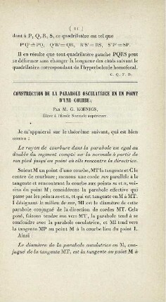 Construction de la parabole osculatrice en un point d'une courbe.