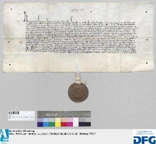 Das Landgericht des Burggrafentums zu Nürnberg vidimiert die Urkunde König Karls IV. d.d. 1347 November 13 (39-Laden: KA/A Nr. 3: König Karl IV. bestätigt und erneuert den geschworene Ratmannen und der Gesamtheit der Bürger Nürnbergs alle früheren kaiserlichen und königlichen Begnadigungen und Freiheiten, insbesondere aber die Zollbefreiungen ("pfundrecht") in den im Privileg Kaiser Ludwigs vom 12. September 1332 (39-Laden: SS/B Nr. 24) bereits namentlich aufgeführten Städten). - Siegler: das Landgericht