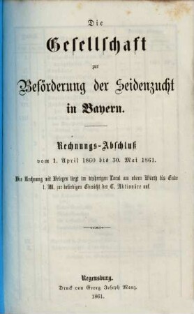 Rechnungs-Abschluß vom 1. April 1860 bis 30. Mai 1861