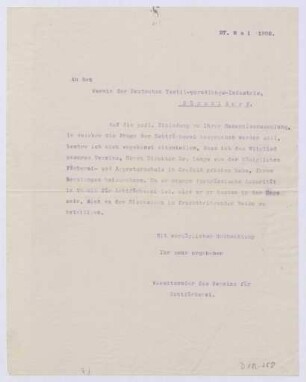 Schreiben an den Verein der Deutschen Textil-Veredelungs-Industrie, Düsseldorf (Brief)