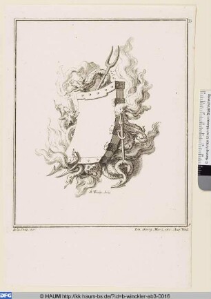 Neu inventirte Schilde Vierdter Theil. Quatrieme Livre de Cartouches, Blatt 4: [Vorlageblatt für eine rechteckige Kartusche mit Beschlägen, umgeben von Drachen]