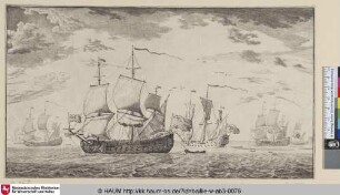 [Vier Kriegsschiffe in offener See; Four ships on a calm sea]