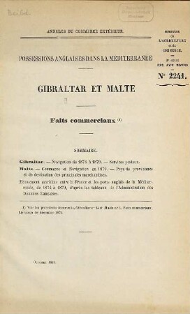 Annales du commerce extérieur. Gibraltar et Malte. Faits commerciaux. 1881