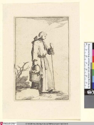 [A walking young Peasant Woman; Stehende junge Bäuerin mit Stab und Korb, im Profil nach rechts]