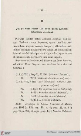 II: Qui re vera fuerit ille deus quem Africani Saturnum dicebant