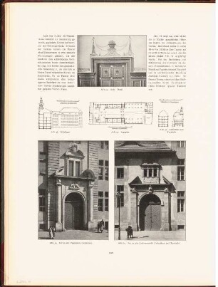 Gemeindedoppelschule an der Pappelallee und der Lychener Straße, Berlin: Lageplan, Schnitt Schulhaus und Lehrerhaus, Details Portale und Aula (aus: Neubauten der Stadt Berlin, Bd. V, 1907)
