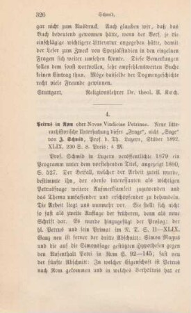 326-328 [Rezension] Schmid, Johann, Petrus in Rom oder Novae vindiciae Petrinae