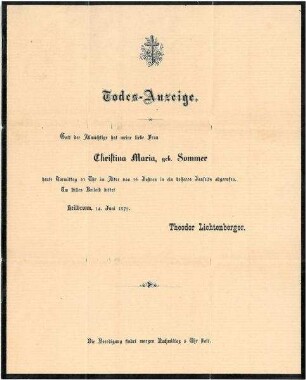 Todesanzeige für Christina Maria Lichtenberger, geb. Sommer (Ehefrau von Theodor Lichtenberger)