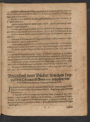 Verzeichniß derer Bücher/ so in dem Leipzigischen Ostermarckt Anno 1622. außgehen/ und nicht nach Franckfurt am Mayn gebracht worden.