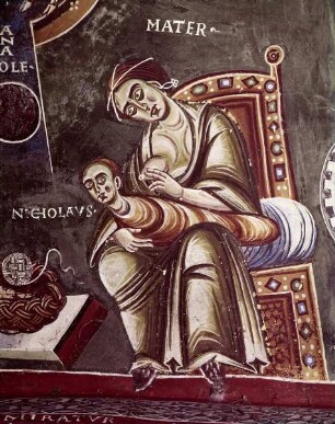 Gewölbefresken zur Nikolauslegende und zum Heiligen Eldradus von Novalesa — Szenen aus dem Leben des Heiligen Nikolaus — Der Heilige Nikolaus verweigert als Säugling an Fastentagen die Milch seiner Mutter