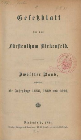 12.1888/90: Gesetzblatt für das Fürstenthum Birkenfeld