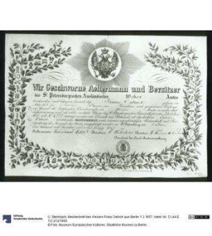 Meisterbrief des Webers Franz Oelrich aus Berlin 1.3.1857