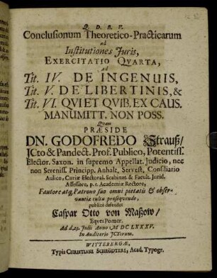 Conclusionum Theoretico-Practicarum ad Institutiones Iuris, Exercitatio Quarta, ad Tit. IV. De Ingenuis, Tit. V. De Libertinis, & Tit: VI. Quiet Quib. Ex Caus. Manumitt. Non Poss.