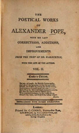 The poetical works : with his last corrections, additions and improvements ; with the life of the author ; embellished with superb engravings, Vol. 2