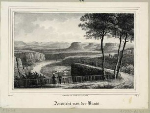 Blick von der Bastei bei Rathen nach Südosten über das Elbtal auf die Tafelberge der Sächsischen Schweiz, aus der Zeitschrift Saxonia um 1840?