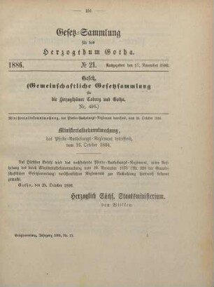 21. Ministerialbekanntmachung, das Pferde-Aushebungs-Reglement betreffend, vom 25. October 1886