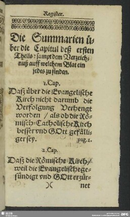 Die Summarien über die Capitul deß ersten Theils: sampt dem Verzeichnuß auff welchem Blat ein jedes zu finden