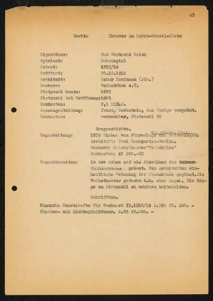 Volksbühne, Berlin-Mitte: Schriftstück zum Fragebogen für das Handbuch »Das Deutsche Theater«