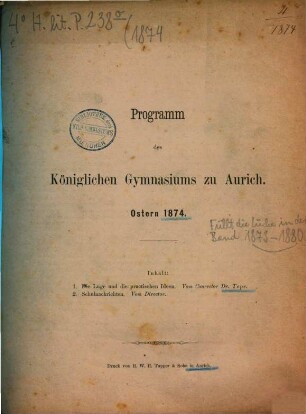 Programm des Königlichen Gymnasiums zu Aurich : Ostern .... 1874