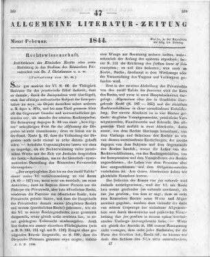 Christiansen, J.: Institutionen des Römischen Rechts oder erste Einleitung in das Studium des Römischen Privatrechts. Altona: Hammerich 1843 (Fortsetzung von Nr. 46)