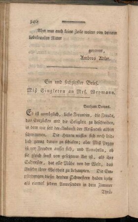 Ein und sechzigster Brief. Miß Singleton an Mrs. Weymann.