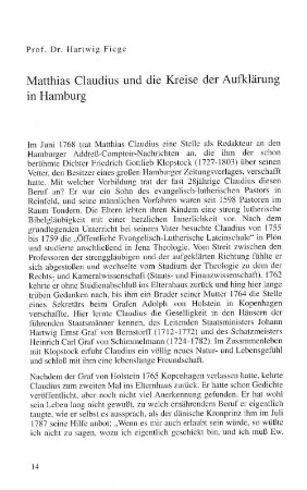 Matthias Claudius und die Kreise der Aufklärung in Hamburg