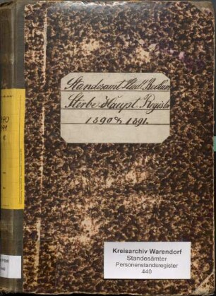 Sterberegister des Standesamtes Beckum-Stadt von 1890 (Urkunden-Nr. 1-140) und von 1891 (Urkunden-Nr. 1-117)