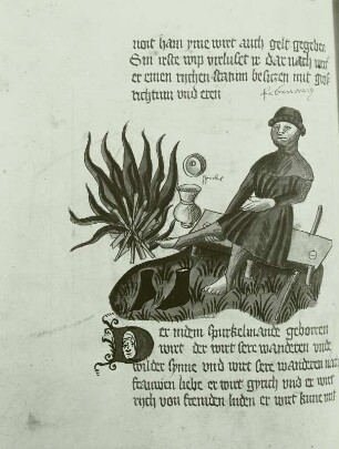 Illumination eines Lehrbuchs der Astronomie: Schriftspiegel und sich wärmender Mann, Monatsbild Februar