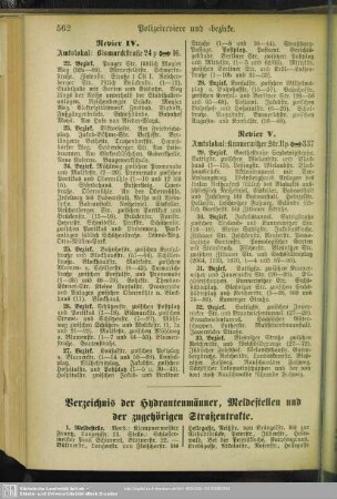Verzeichnis der Hydrantenmänner, Meldestellen und der zugehörigen Straßentrakte