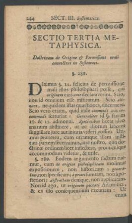 Sectio Tertia Metaphysica. Doctrinam de Origine & Permissione mali connectens in Systemate