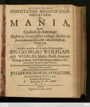 Disputatio Medico-Consultatoria De Mania,