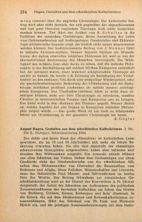 374-375 [Rezension] Hagen, August, Gestalten aus dem Schwäbischen Katholizismus