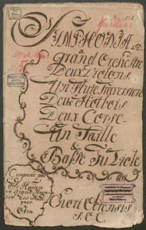 Symphonies, orch, Hob I:70, D-Dur - BSB Mus.ms. 5156 : [dust cover title:] SYMPHONIA de D. // a. // Grand Orchestre // Deux Violons. // Un Flute Traversiere // Deux Hotbois // Deux Corsc. // Un Taille // & // Basse du Viole // [on the left:] Composée par // Fr[!] Haiden // au grand Mager= // zin des Musi= // ques. // a // Obra