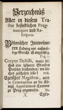 Verzeichnuß Aller in diesem Tractat befindlichen Pragmatiquen und Rescripten.