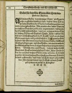 Gebet für betrübte Eltern über ihrem verstorbenen Kindlein.