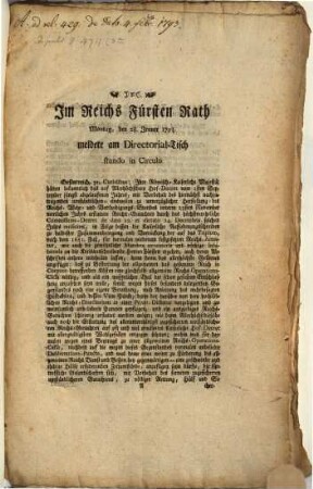 Im Reichsfürstenrath : ... Fortsetzung des Protokolls, 1793