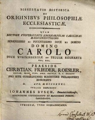 Dissertatio Historica De Originibus Philosophiae Ecclesiasticae