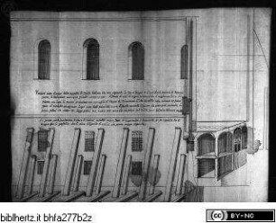 Ms. Canon. Ital. 138: Pirro Ligorio, Libri delle Antichità, Äußere Stützkonstruktion der Cappella Sistina (Torre Borgia) und der neue Korridor am Belvedere von Pius IV.