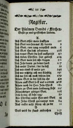 Register. Der Psalmen Davids/ Kirchen-Gesänge und geistlichen Liedern.