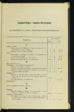 Alphabetisches Inhalts-Verzeichnis zu den Protokollen der fünften Elbschiffahrts-Revisionskommission.