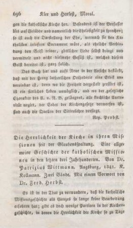 696-705 [Rezension] Wittmann, Patricius, Die Herrlichkeit der Kirche in ihren Missionen seit der Glaubensspaltung