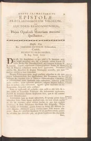 Epistolae Praeclarissimorum Virorum, cum Auctoris Responsionibus, ad Huius Opusculi Materiam maxime spectantes.