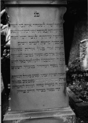 Grabstein 67 (Index: 100094944) Material: Sandstein Zustand: Sockel leicht abgeblättert Maße HxBxT: 187x76x41 cm Beschreibung: kon. Stele, profiliert. Sock, giebelart. Abschluß mit Verdachung und Mittelakroter Symbolik: Blätter im Akroter Besonderheit: langes Lobgedicht: Grabstein 67A