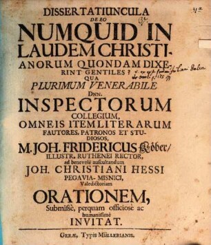 Dissertatiuncula de eo, numquid in laudem Christianorum quondam dixerint gentiles?