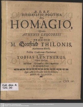 Dissertatio politica de homagio
