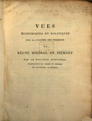 Vues économiques et politiques sur la culture des produits du règne minéral en Piémont